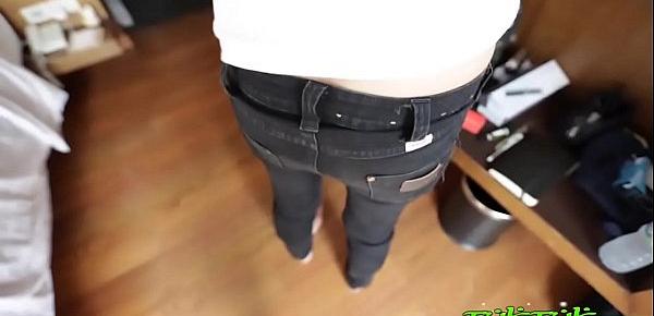  Super cute and petite horned up Asian mom in jeans wastes no time fucking with her pants on